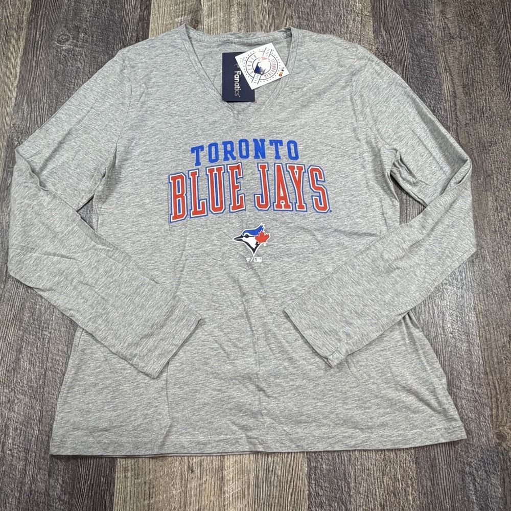 Toronto‎ Blue Jays Womens Large Long Sleeve V-Neck T-Shirt Gray Fanatics MLB NWT